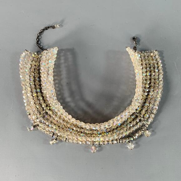 VINTAGE Clear Beaded Metal Choker Necklace - Picture 1 of 2